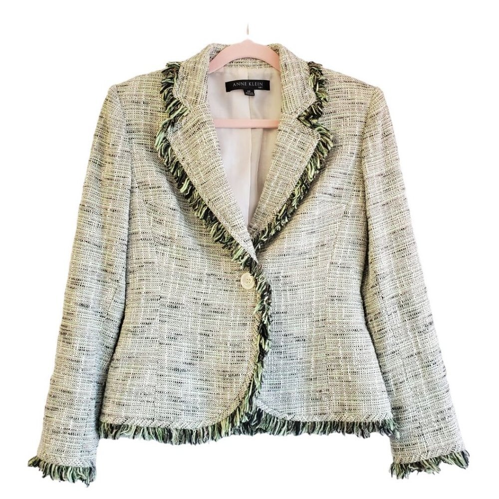 Anne Klein Green Tweed Fringe Blazer with Skirt 2pc set sz 2 XS Vintage